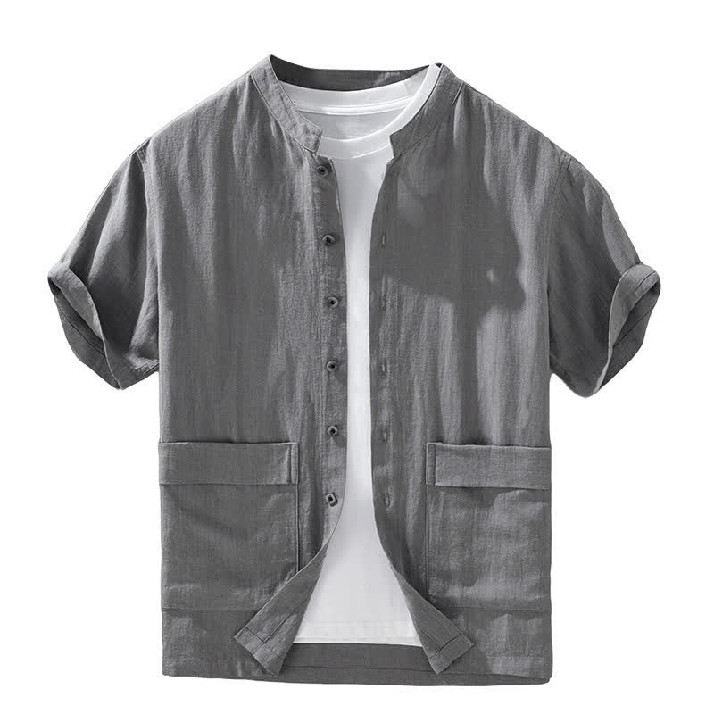 Nimara Ritual Summer Casual Mandarin Collar Button-Up Solid Men's Short Sleeve Shirts With Pockets