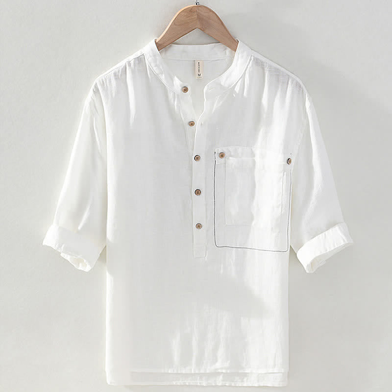 Nimara Ritual Summer Casual Tang Style Mandarin Collar Solid Linen Men's Short Sleeve Shirts With Patch Pocket