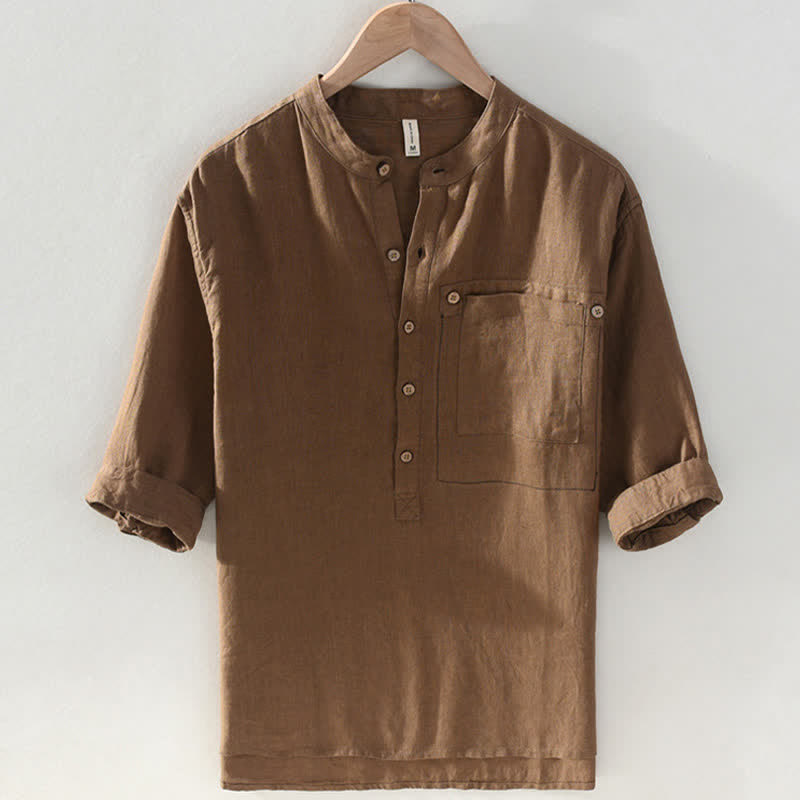 Nimara Ritual Summer Casual Tang Style Mandarin Collar Solid Linen Men's Short Sleeve Shirts With Patch Pocket