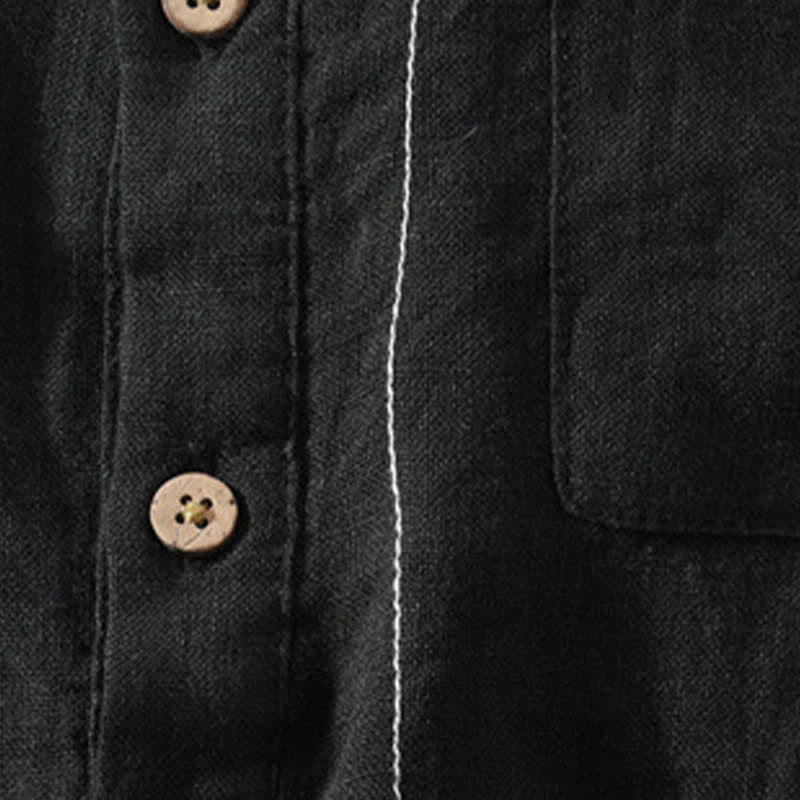 Nimara Ritual Summer Casual Tang Style Mandarin Collar Solid Linen Men's Short Sleeve Shirts With Patch Pocket