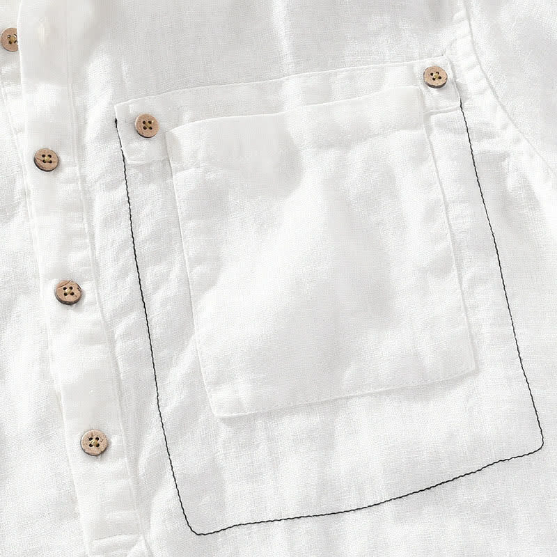 Nimara Ritual Summer Casual Tang Style Mandarin Collar Solid Linen Men's Short Sleeve Shirts With Patch Pocket
