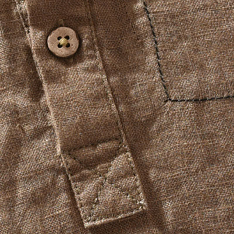 Nimara Ritual Summer Casual Tang Style Mandarin Collar Solid Linen Men's Short Sleeve Shirts With Patch Pocket