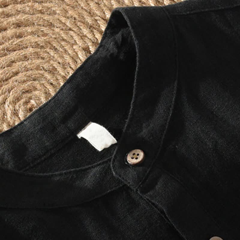 Nimara Ritual Summer Casual Tang Style Mandarin Collar Solid Linen Men's Short Sleeve Shirts With Patch Pocket