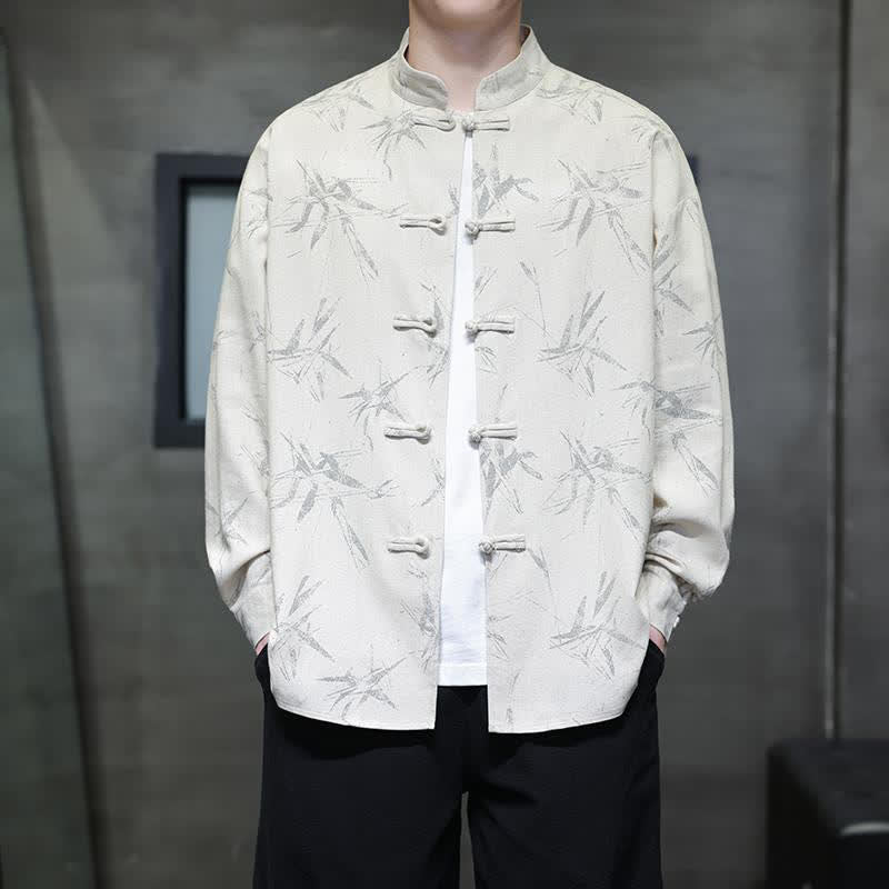 Nimara Ritual Fall Tang Style Vintage Mandarin Collar Bamboo Leaf Cotton Linen Men's Long Sleeve Shirts