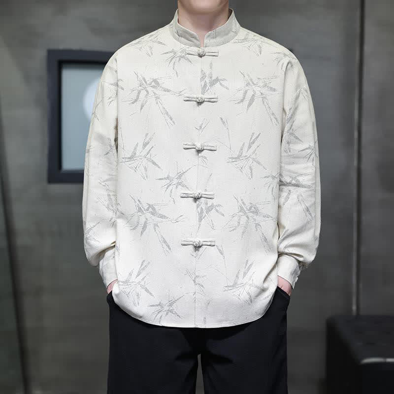 Nimara Ritual Fall Tang Style Vintage Mandarin Collar Bamboo Leaf Cotton Linen Men's Long Sleeve Shirts