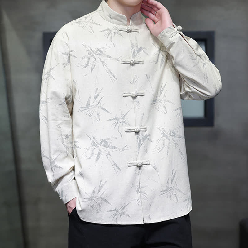 Nimara Ritual Fall Tang Style Vintage Mandarin Collar Bamboo Leaf Cotton Linen Men's Long Sleeve Shirts