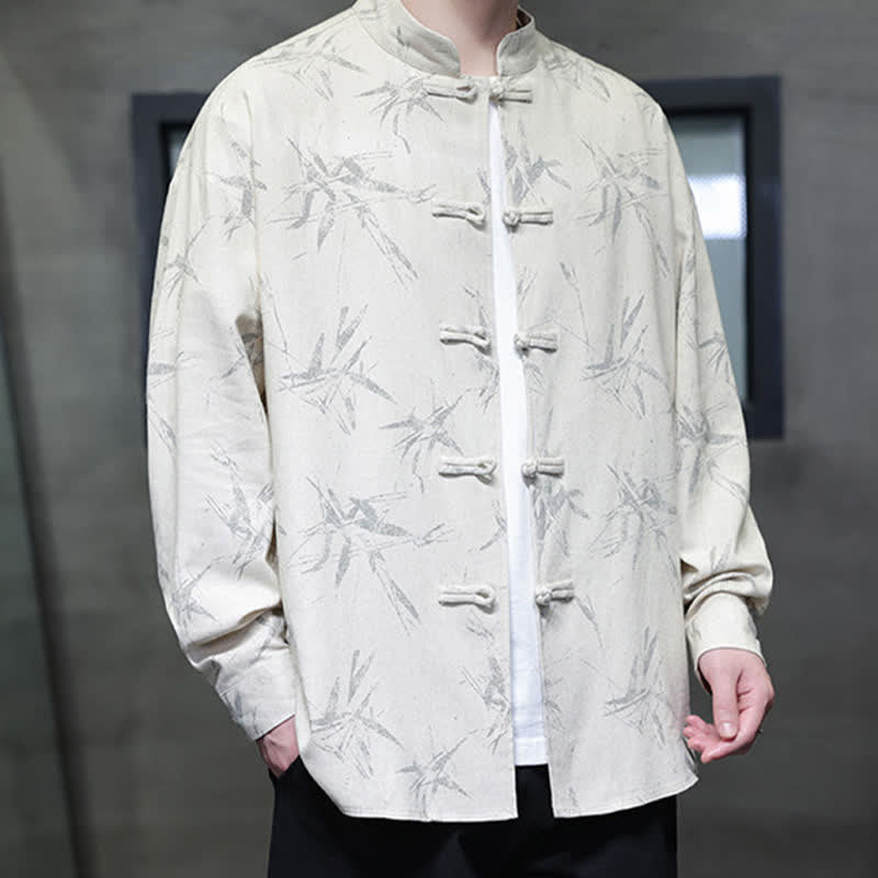 Nimara Ritual Fall Tang Style Vintage Mandarin Collar Bamboo Leaf Cotton Linen Men's Long Sleeve Shirts