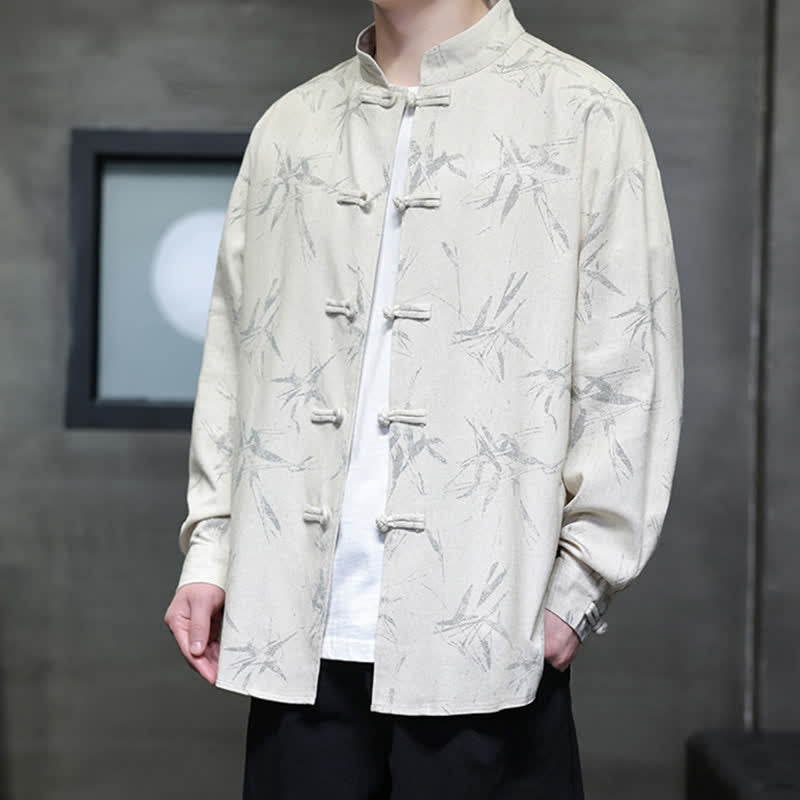 Nimara Ritual Fall Tang Style Vintage Mandarin Collar Bamboo Leaf Cotton Linen Men's Long Sleeve Shirts