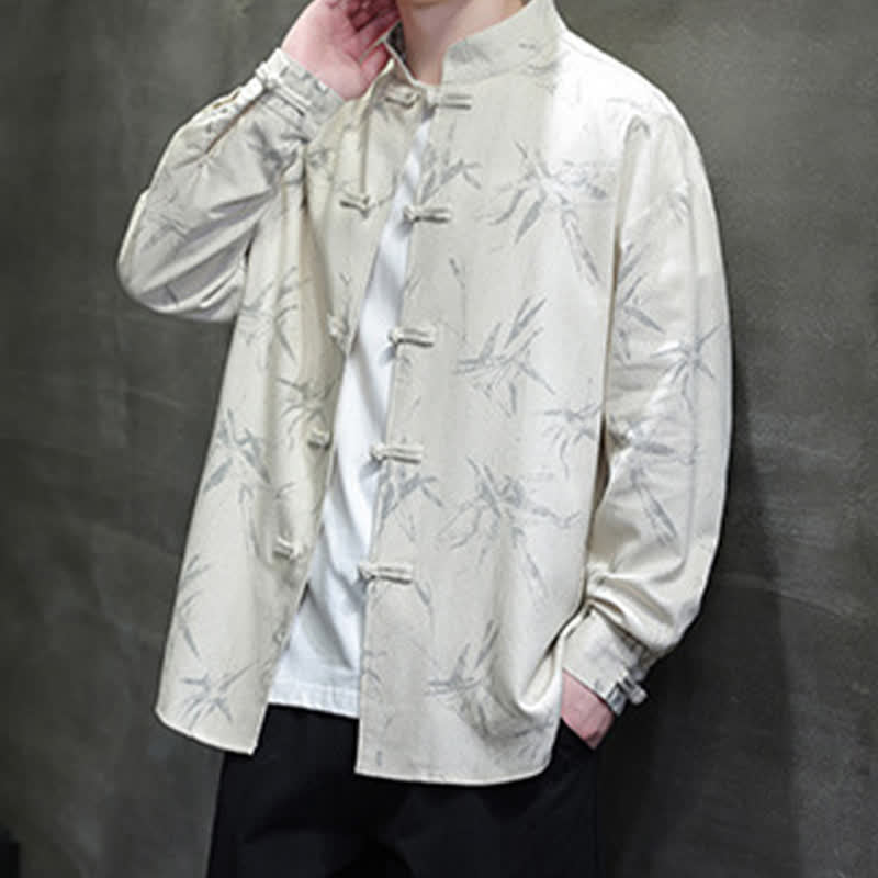 Nimara Ritual Fall Tang Style Vintage Mandarin Collar Bamboo Leaf Cotton Linen Men's Long Sleeve Shirts