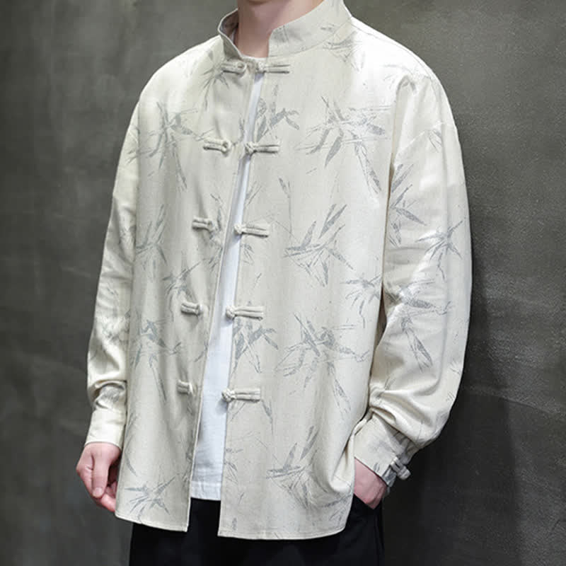 Nimara Ritual Fall Tang Style Vintage Mandarin Collar Bamboo Leaf Cotton Linen Men's Long Sleeve Shirts
