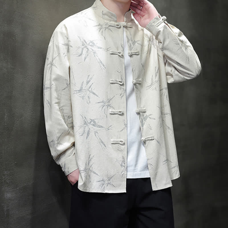 Nimara Ritual Fall Tang Style Vintage Mandarin Collar Bamboo Leaf Cotton Linen Men's Long Sleeve Shirts