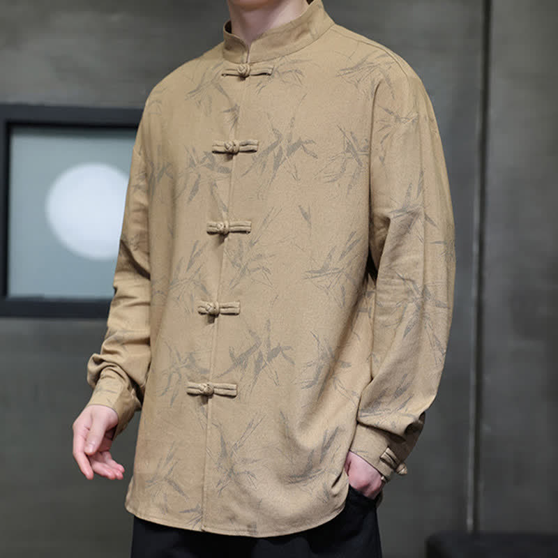 Nimara Ritual Fall Tang Style Vintage Mandarin Collar Bamboo Leaf Cotton Linen Men's Long Sleeve Shirts