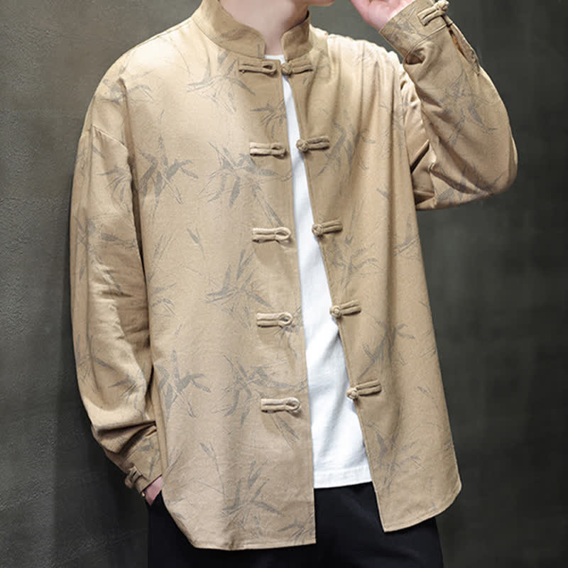 Nimara Ritual Fall Tang Style Vintage Mandarin Collar Bamboo Leaf Cotton Linen Men's Long Sleeve Shirts