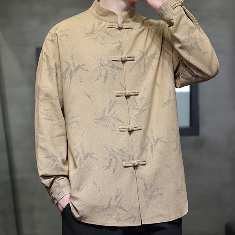 Nimara Ritual Fall Tang Style Vintage Mandarin Collar Bamboo Leaf Cotton Linen Men's Long Sleeve Shirts