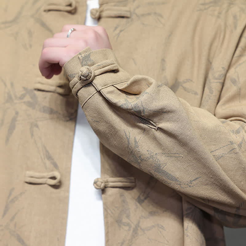 Nimara Ritual Fall Tang Style Vintage Mandarin Collar Bamboo Leaf Cotton Linen Men's Long Sleeve Shirts
