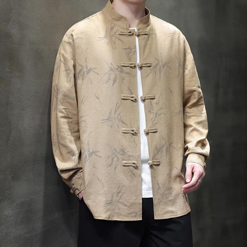 Nimara Ritual Fall Tang Style Vintage Mandarin Collar Bamboo Leaf Cotton Linen Men's Long Sleeve Shirts