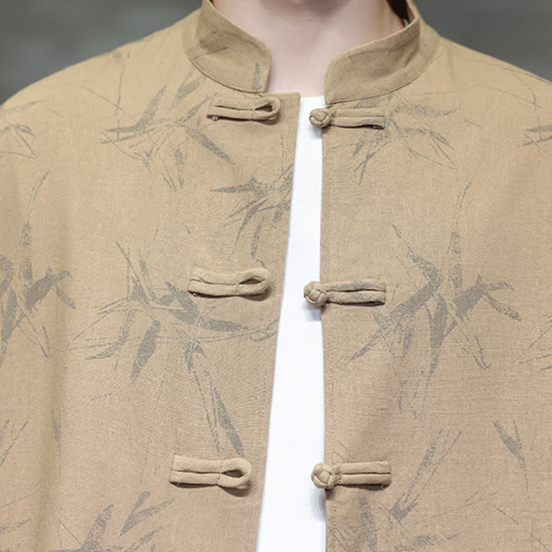Nimara Ritual Fall Tang Style Vintage Mandarin Collar Bamboo Leaf Cotton Linen Men's Long Sleeve Shirts