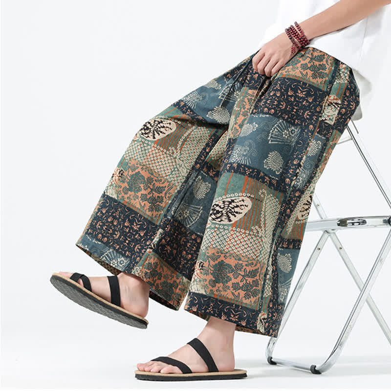 Nimara Ritual Spring Summer Boho Casual Drawstring Floral Patchwork Cropped Pants Men's Wide Leg Pants With Pockets