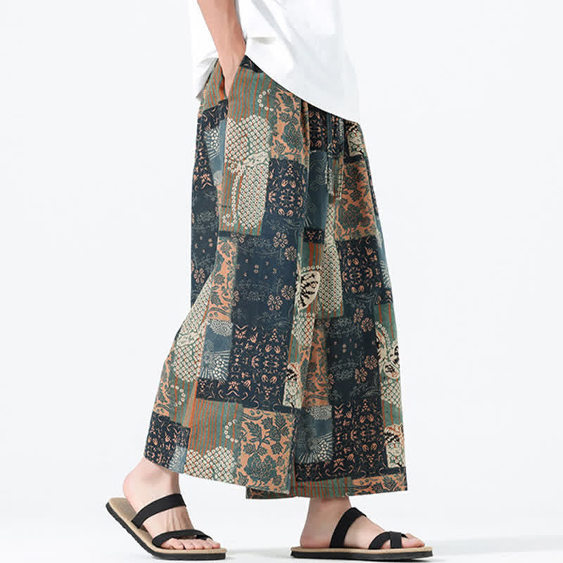 Nimara Ritual Spring Summer Boho Casual Drawstring Floral Patchwork Cropped Pants Men's Wide Leg Pants With Pockets