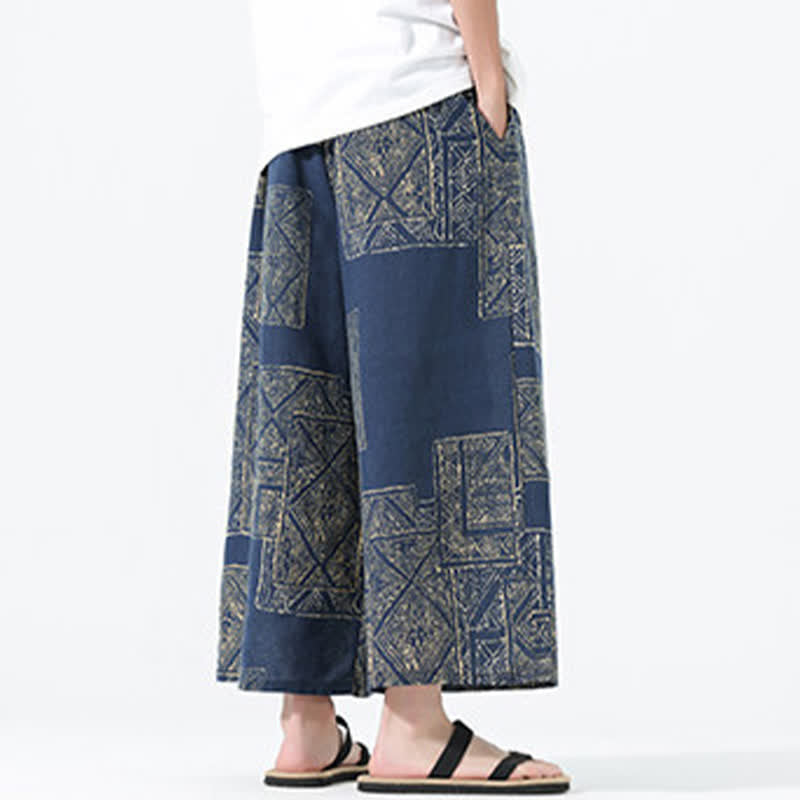 Nimara Ritual Spring Summer Boho Casual Drawstring Floral Patchwork Cropped Pants Men's Wide Leg Pants With Pockets