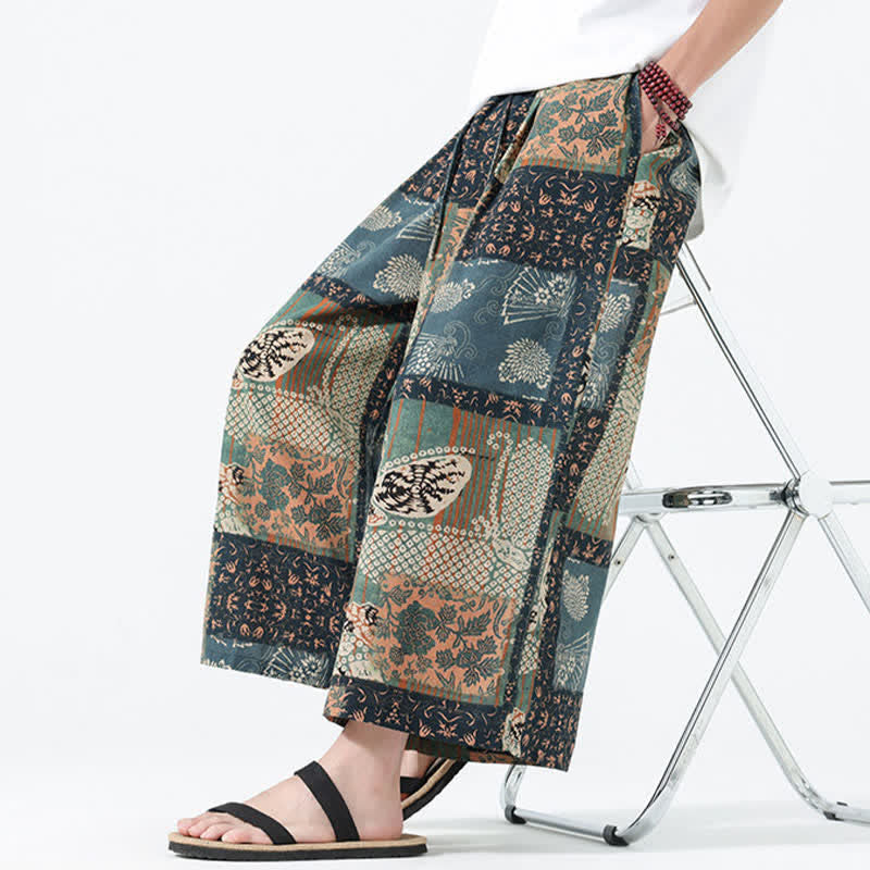 Nimara Ritual Spring Summer Boho Casual Drawstring Floral Patchwork Cropped Pants Men's Wide Leg Pants With Pockets