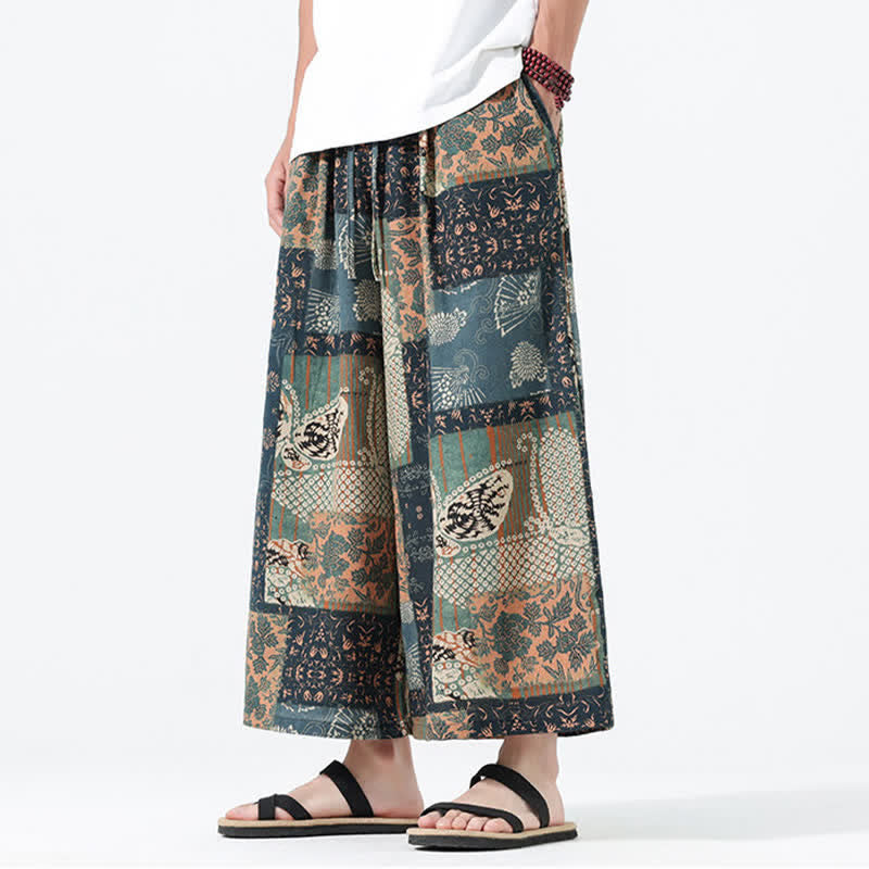 Nimara Ritual Spring Summer Boho Casual Drawstring Floral Patchwork Cropped Pants Men's Wide Leg Pants With Pockets
