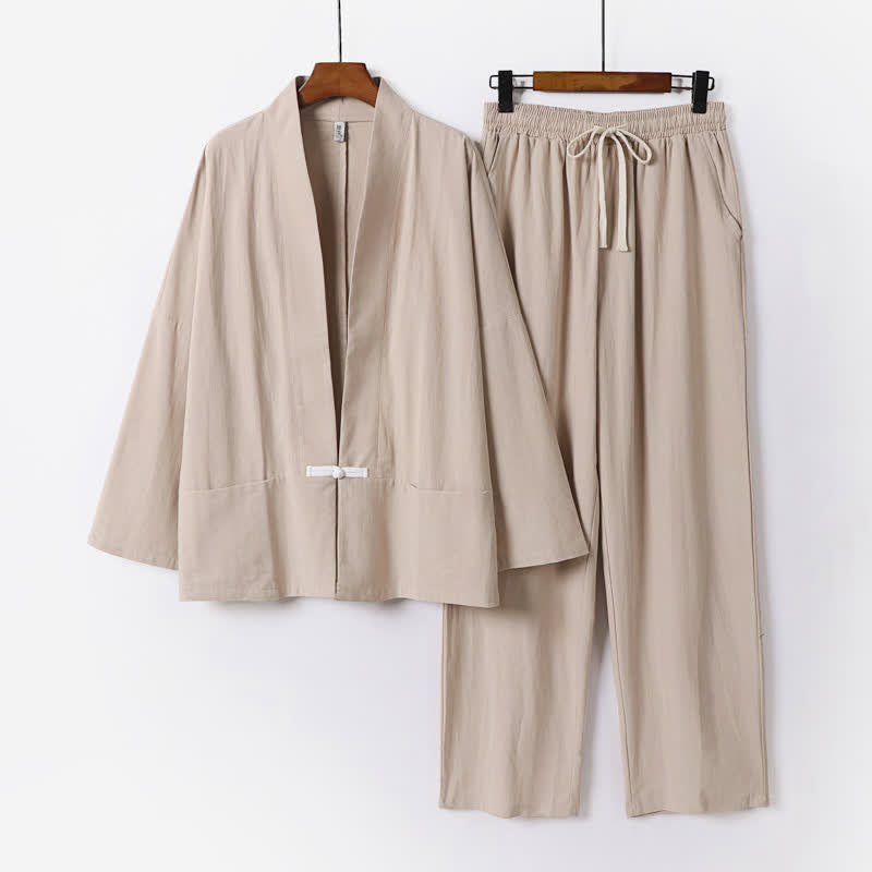 Nimara Ritual 2Pcs Spring Solid Ramie V-Neck Kimono Drawstring Pants Men's Meditation Cloth With Pockets
