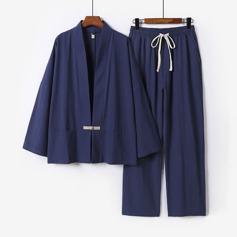 Nimara Ritual 2Pcs Spring Solid Ramie V-Neck Kimono Drawstring Pants Men's Meditation Cloth With Pockets