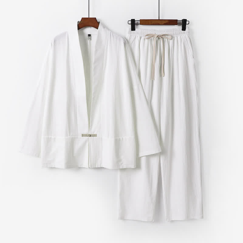 Nimara Ritual 2Pcs Spring Solid Ramie V-Neck Kimono Drawstring Pants Men's Meditation Cloth With Pockets