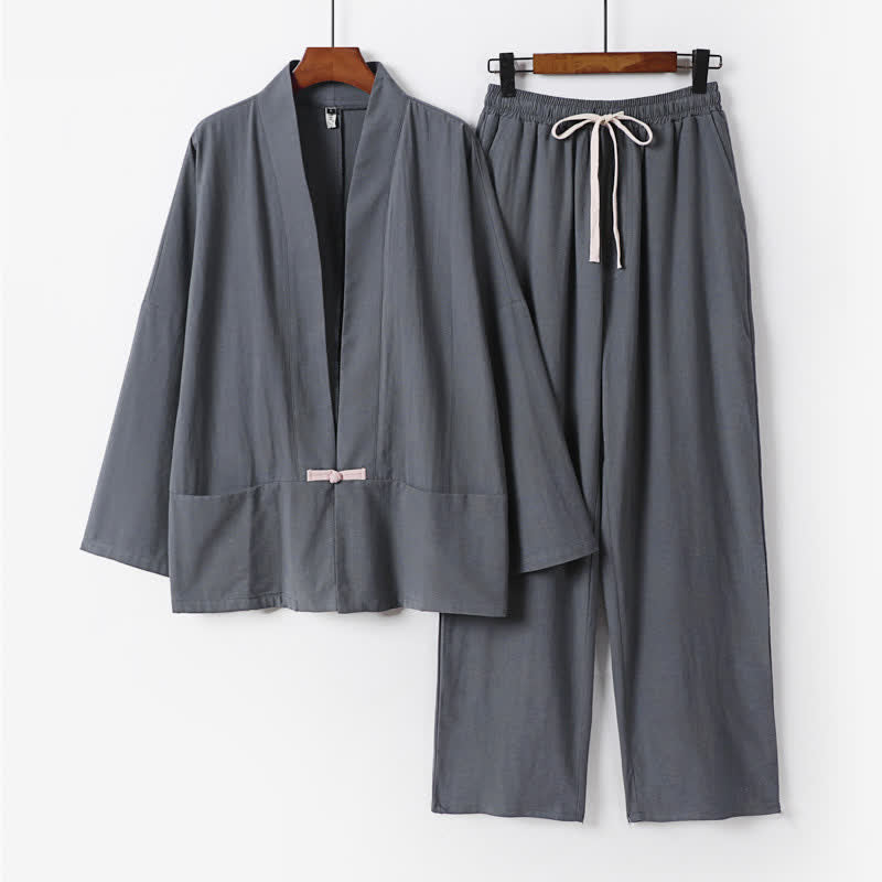 Nimara Ritual 2Pcs Spring Solid Ramie V-Neck Kimono Drawstring Pants Men's Meditation Cloth With Pockets