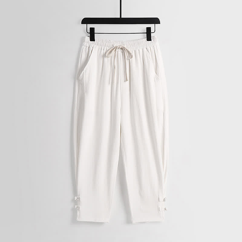 Nimara Ritual 2Pcs Summer Tang Style Meditation Frog Button Solid Linen V-Neck Sleeveless Shirt Pants Men's Meditation Cloth With Pockets