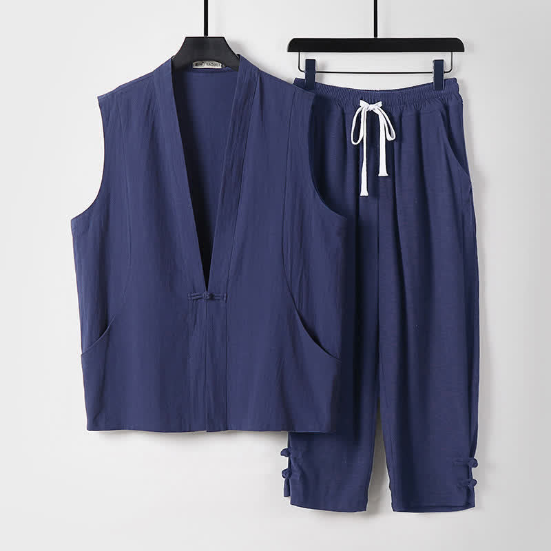 Nimara Ritual 2Pcs Summer Tang Style Meditation Frog Button Solid Linen V-Neck Sleeveless Shirt Pants Men's Meditation Cloth With Pockets