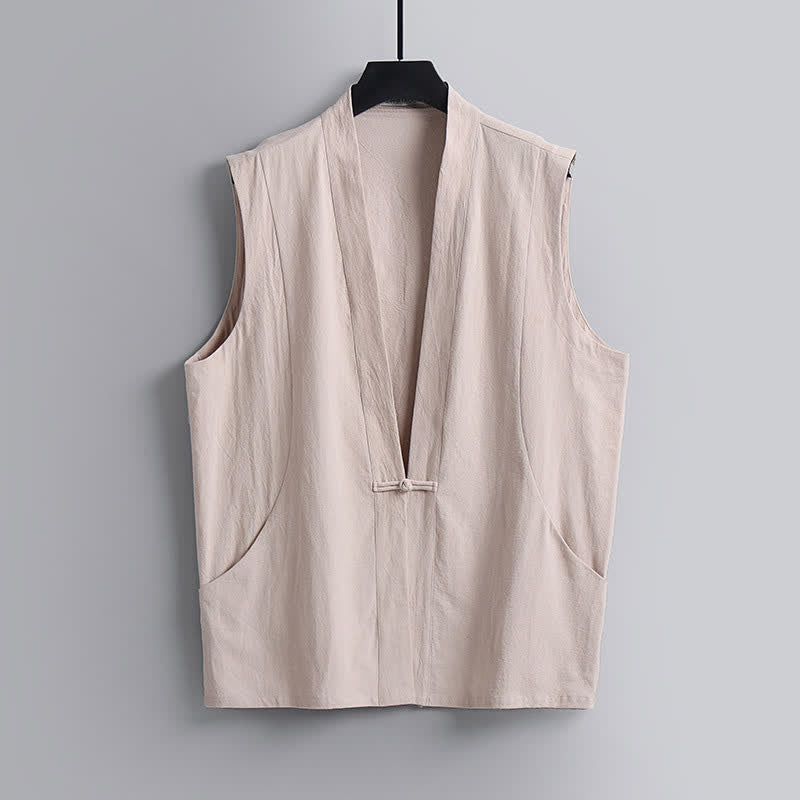 Nimara Ritual 2Pcs Summer Tang Style Meditation Frog Button Solid Linen V-Neck Sleeveless Shirt Pants Men's Meditation Cloth With Pockets