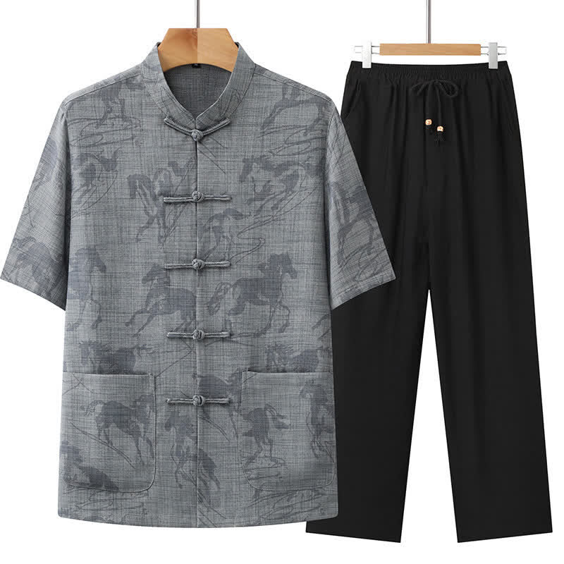 Nimara Ritual 2Pcs Summer Tang Style Casual Frog Button Mandarin Collar Horse Print Short Sleeve Shirt Pants Men's Meditation Cloth With Pockets