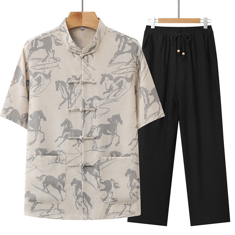 Nimara Ritual 2Pcs Summer Tang Style Casual Frog Button Mandarin Collar Horse Print Short Sleeve Shirt Pants Men's Meditation Cloth With Pockets
