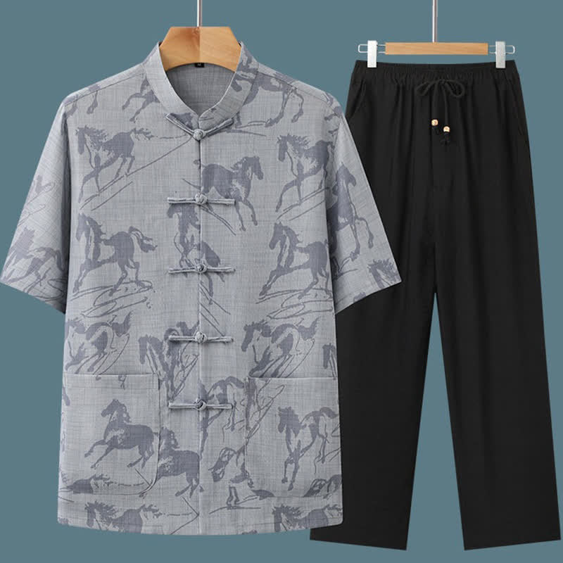 Nimara Ritual 2Pcs Summer Tang Style Casual Frog Button Mandarin Collar Horse Print Short Sleeve Shirt Pants Men's Meditation Cloth With Pockets