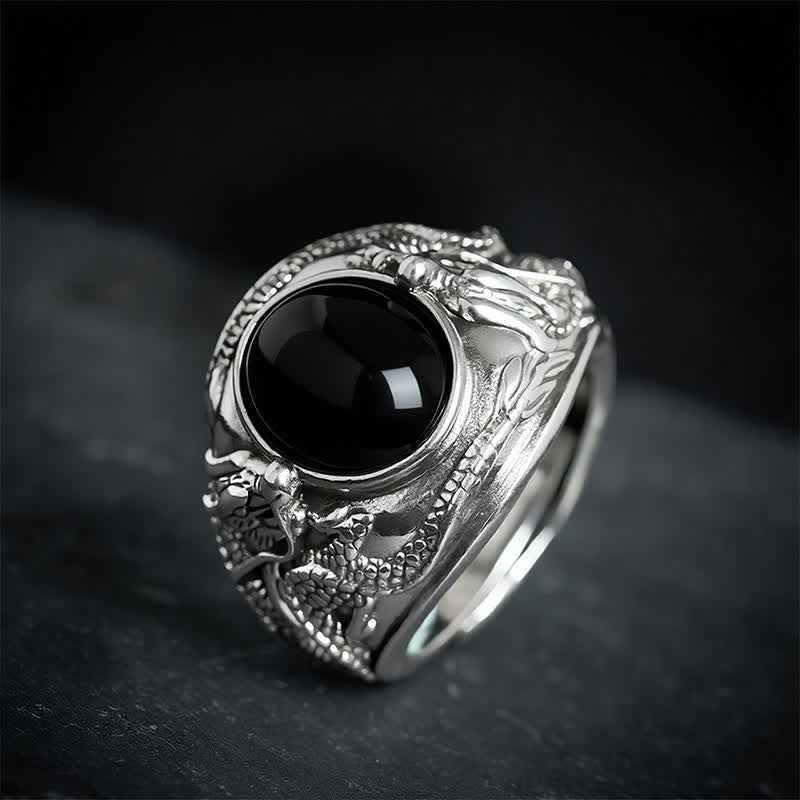 Purification and Fulfillment Black Obsidian Dragon Open Ring