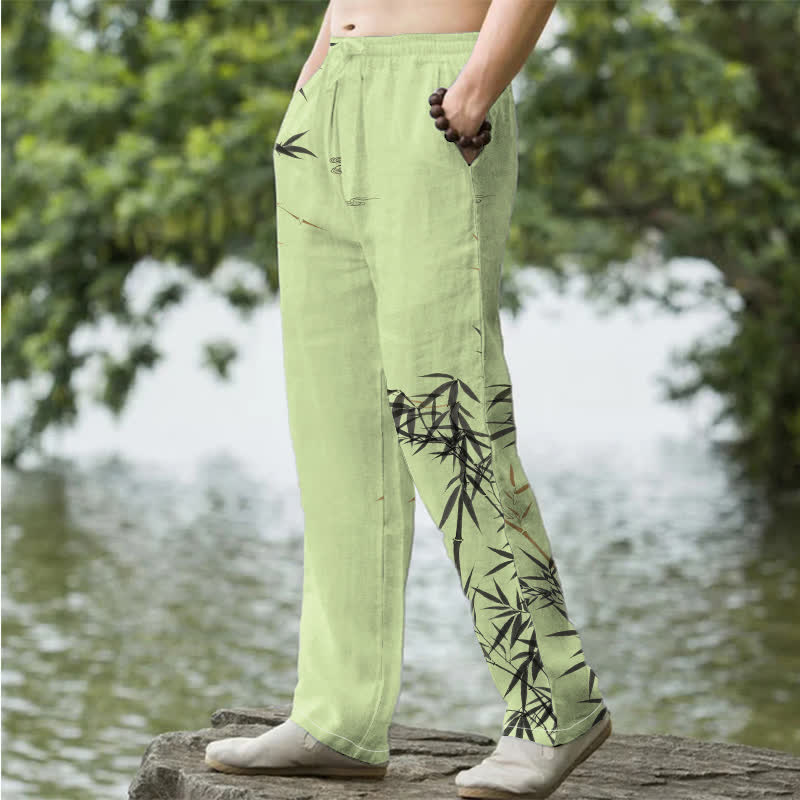 Nimara Ritual Cotton Ink Bamboo Pattern Men's Tapered Pants With Pockets