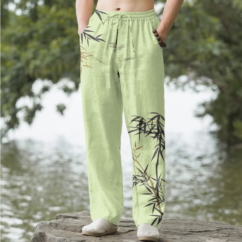Nimara Ritual Cotton Ink Bamboo Pattern Men's Tapered Pants With Pockets