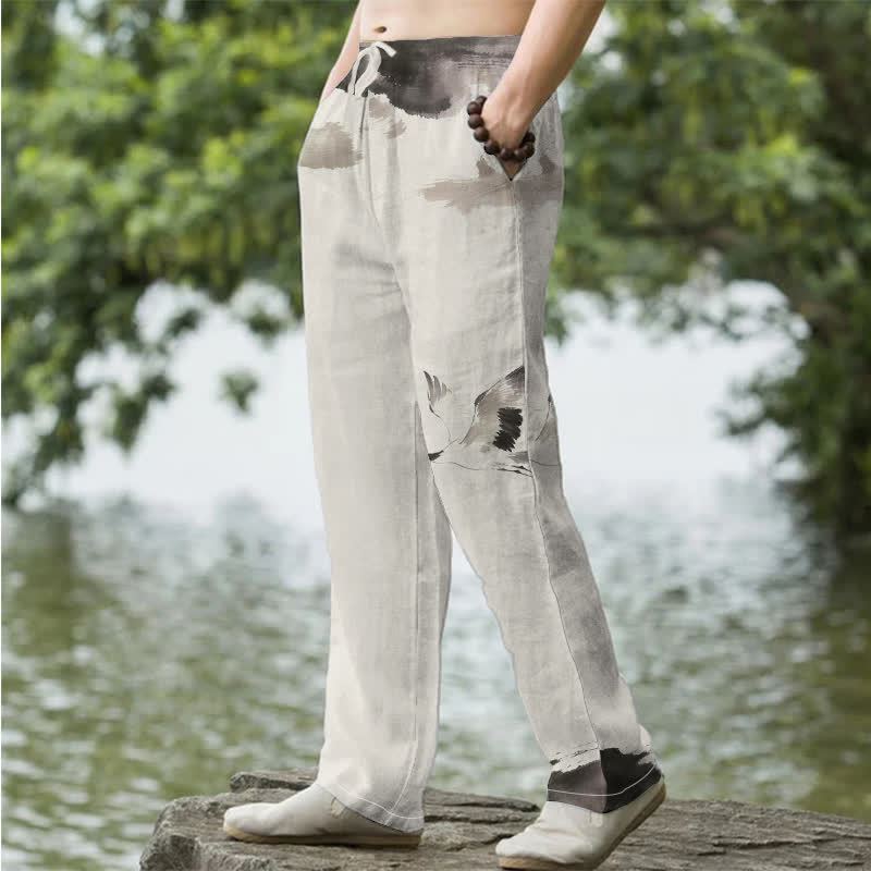 Nimara Ritual Cotton Red-crowned Crane Pattern Men's Tapered Pants With Pockets