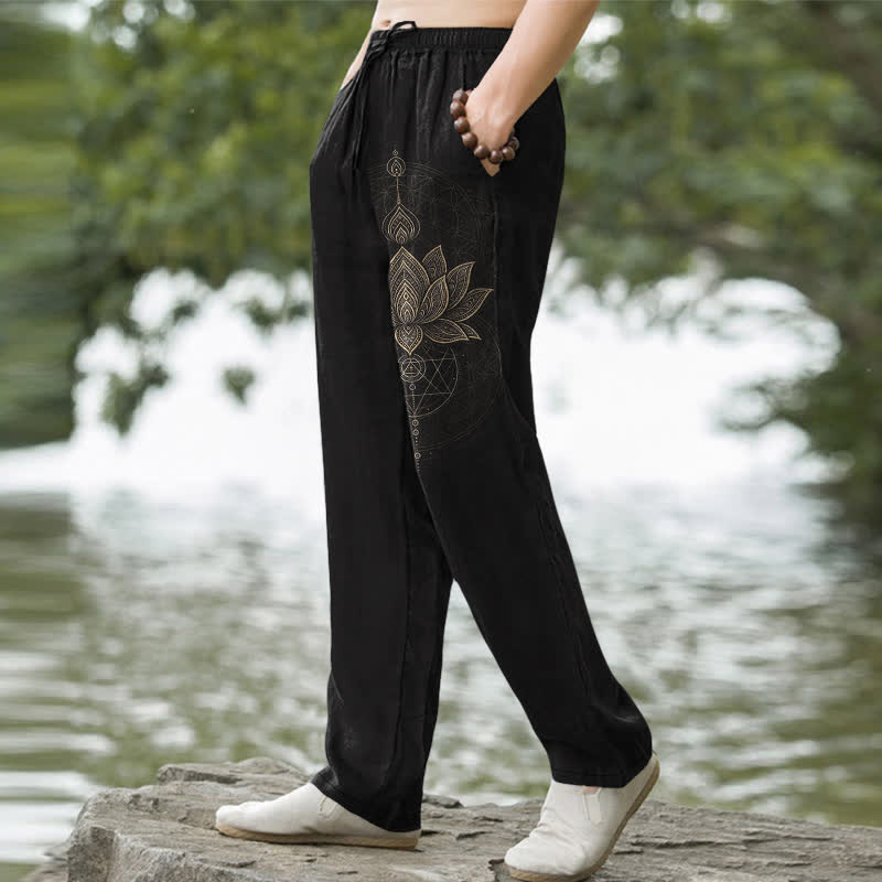 Nimara Ritual Cotton Lotus Mandala Pattern Men's Tapered Pants With Pockets