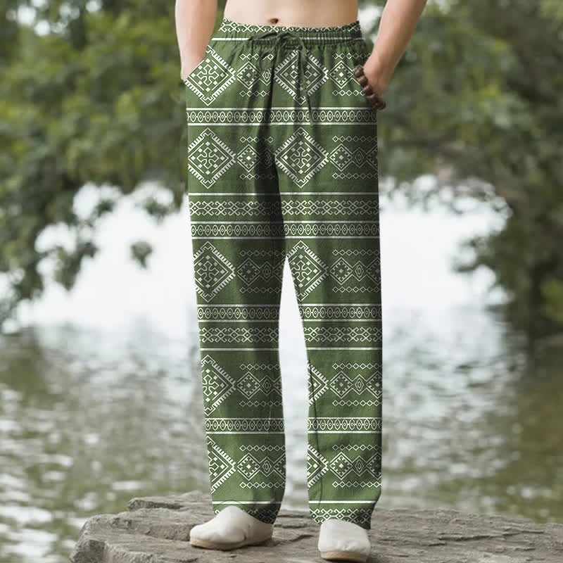 Nimara Ritual Cotton Tribal Geometric Stripe Pattern Men's Tapered Pants With Pockets