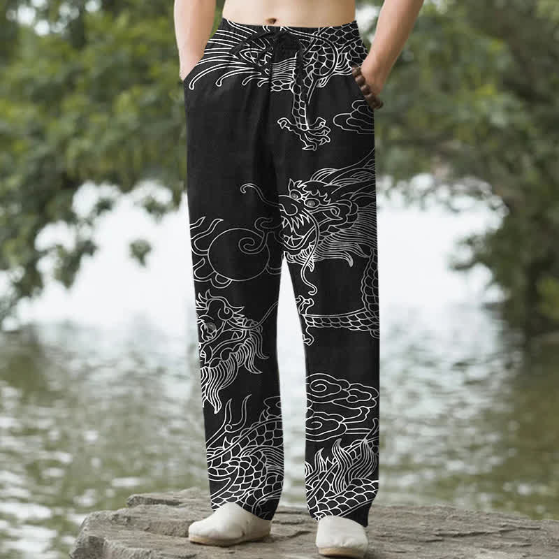 Nimara Ritual Cotton Oriental Dragon Cloud Pattern Men's Tapered Pants With Pockets