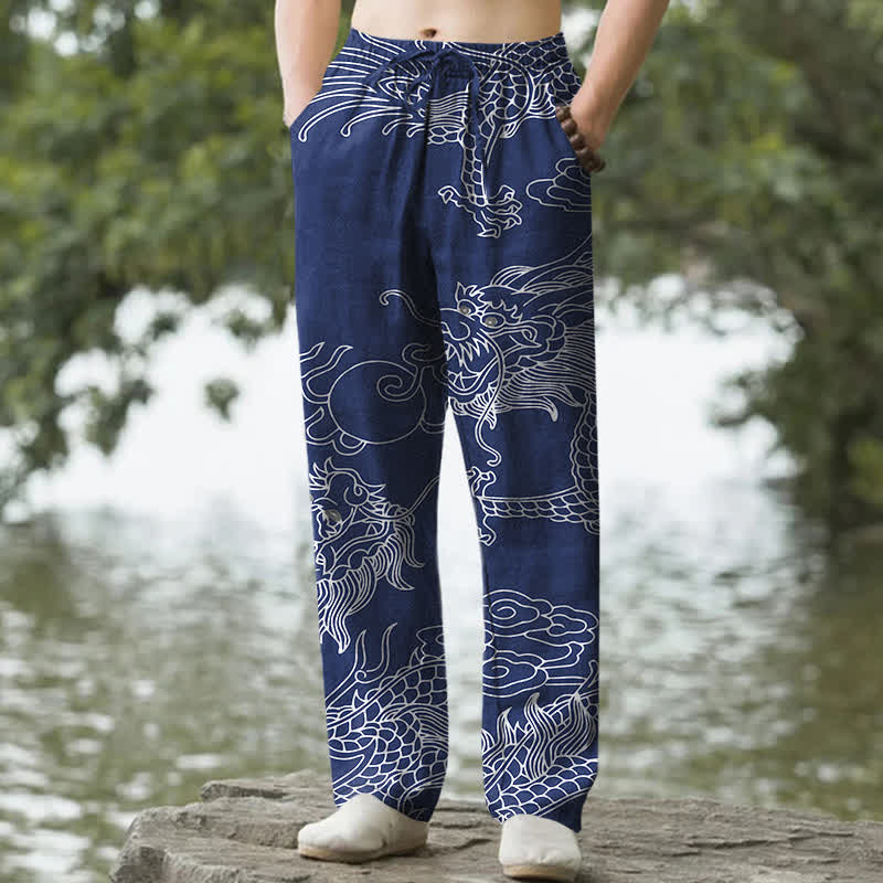 Nimara Ritual Cotton Oriental Dragon Cloud Pattern Men's Tapered Pants With Pockets