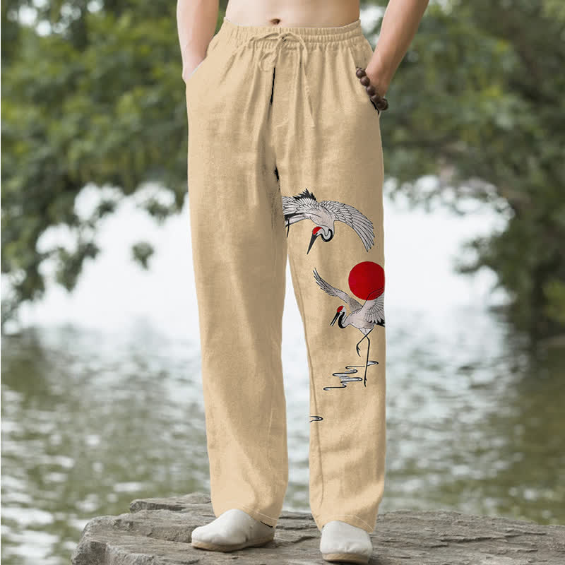 Nimara Ritual Cotton Red Sun Crane Pattern Men's Tapered Pants With Pockets