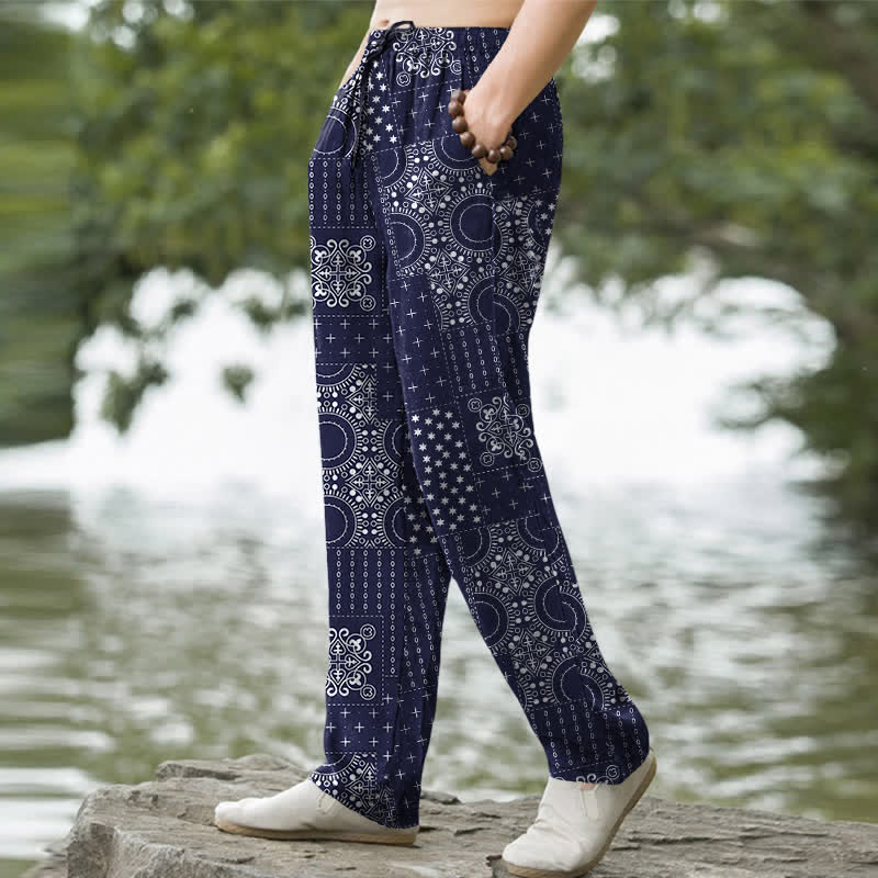 Nimara Ritual Cotton Bohemian Bandana Pattern Men's Tapered Pants With Pockets