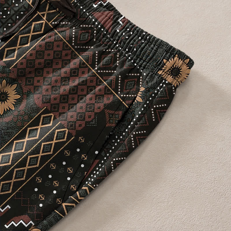 Nimara Ritual Cotton Bohemian Floral Geometric Pattern Men's Tapered Pants With Pockets