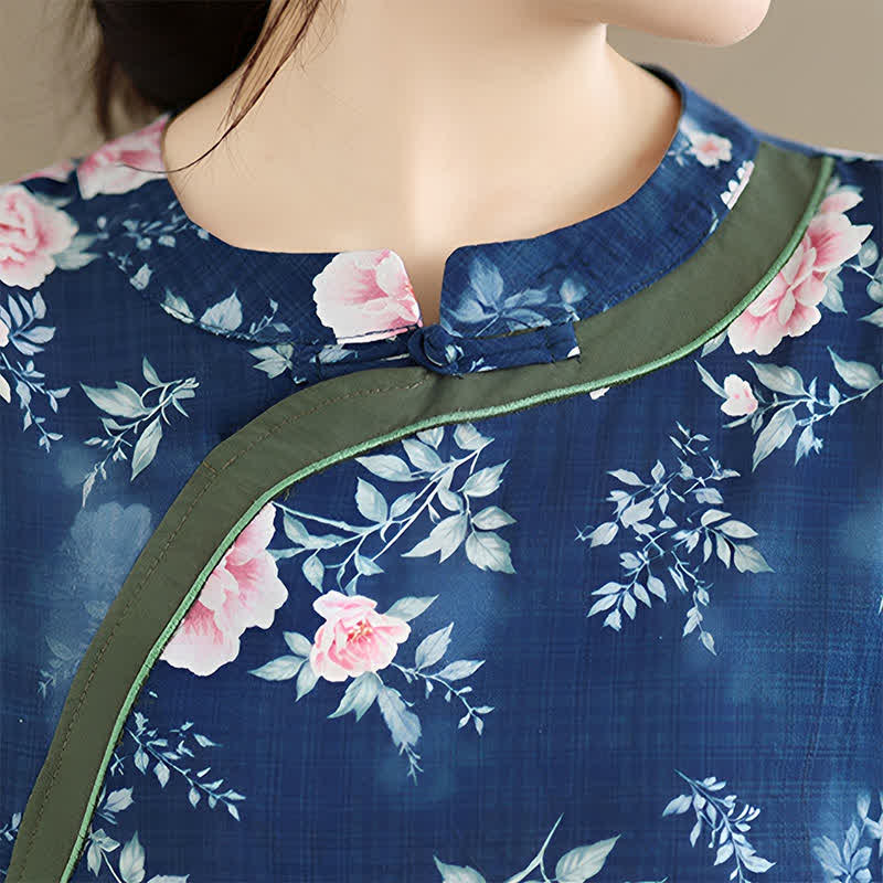 Nimara Ritual Summer Casual Tang Style Frog Button Pink Peony Floral Women's Elbow-Length Sleeve Shirts