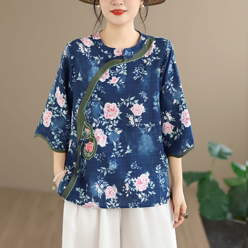 Nimara Ritual Summer Casual Tang Style Frog Button Pink Peony Floral Women's Elbow-Length Sleeve Shirts