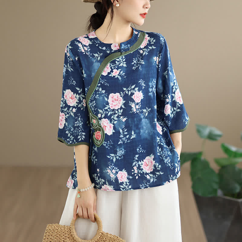Nimara Ritual Summer Casual Tang Style Frog Button Pink Peony Floral Women's Elbow-Length Sleeve Shirts